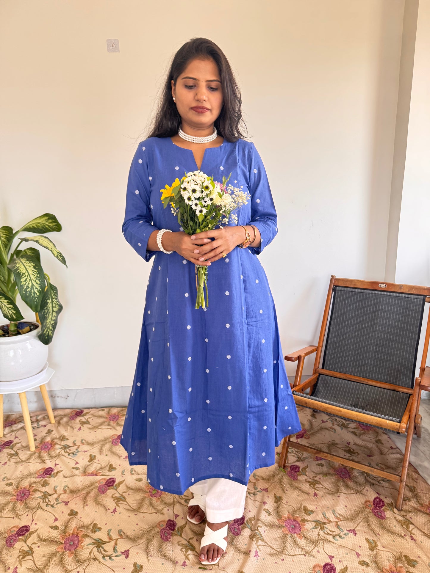 Royal Blue Polka Kurta Set