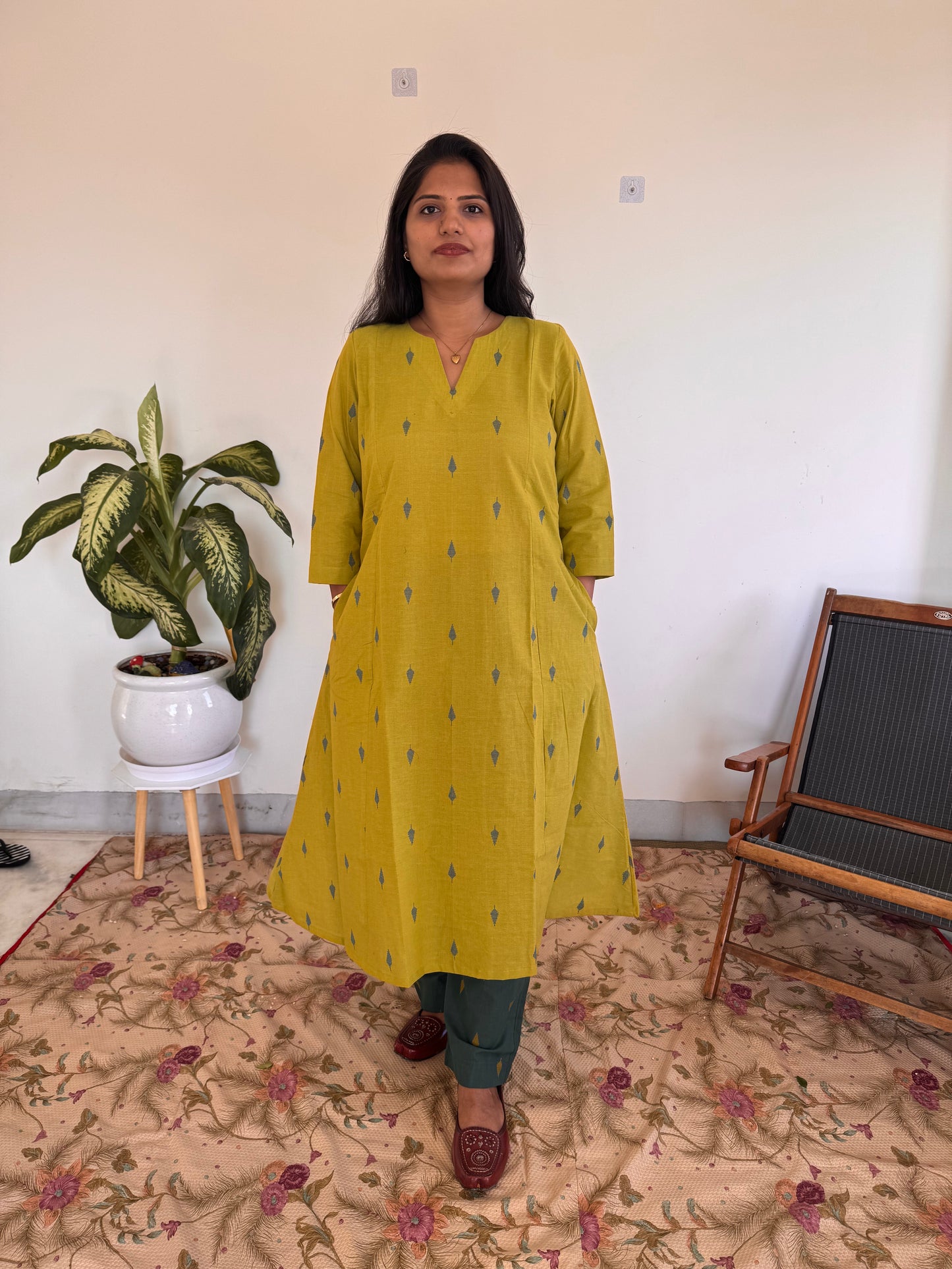Mustard Green Buti Kurta Set