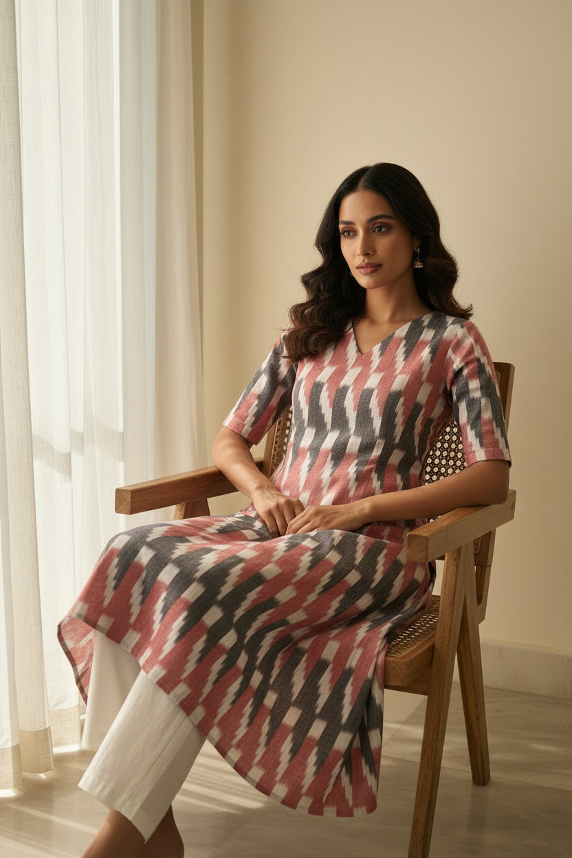 Pink & Grey Ikkat Kurta Set