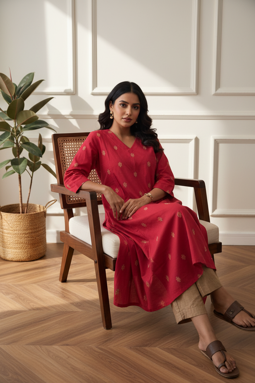 Red & Camel Plus Kurta Set
