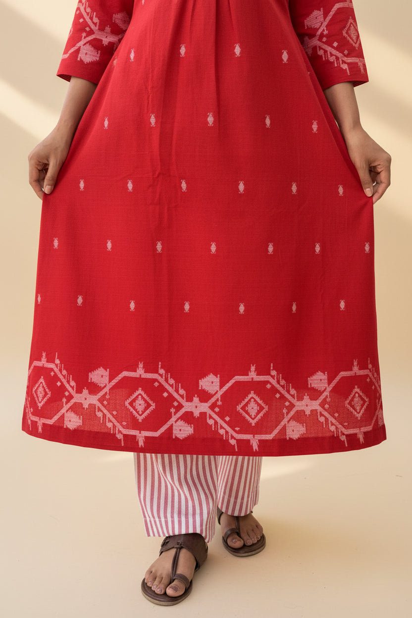 Cherry Red Border Kurta Set