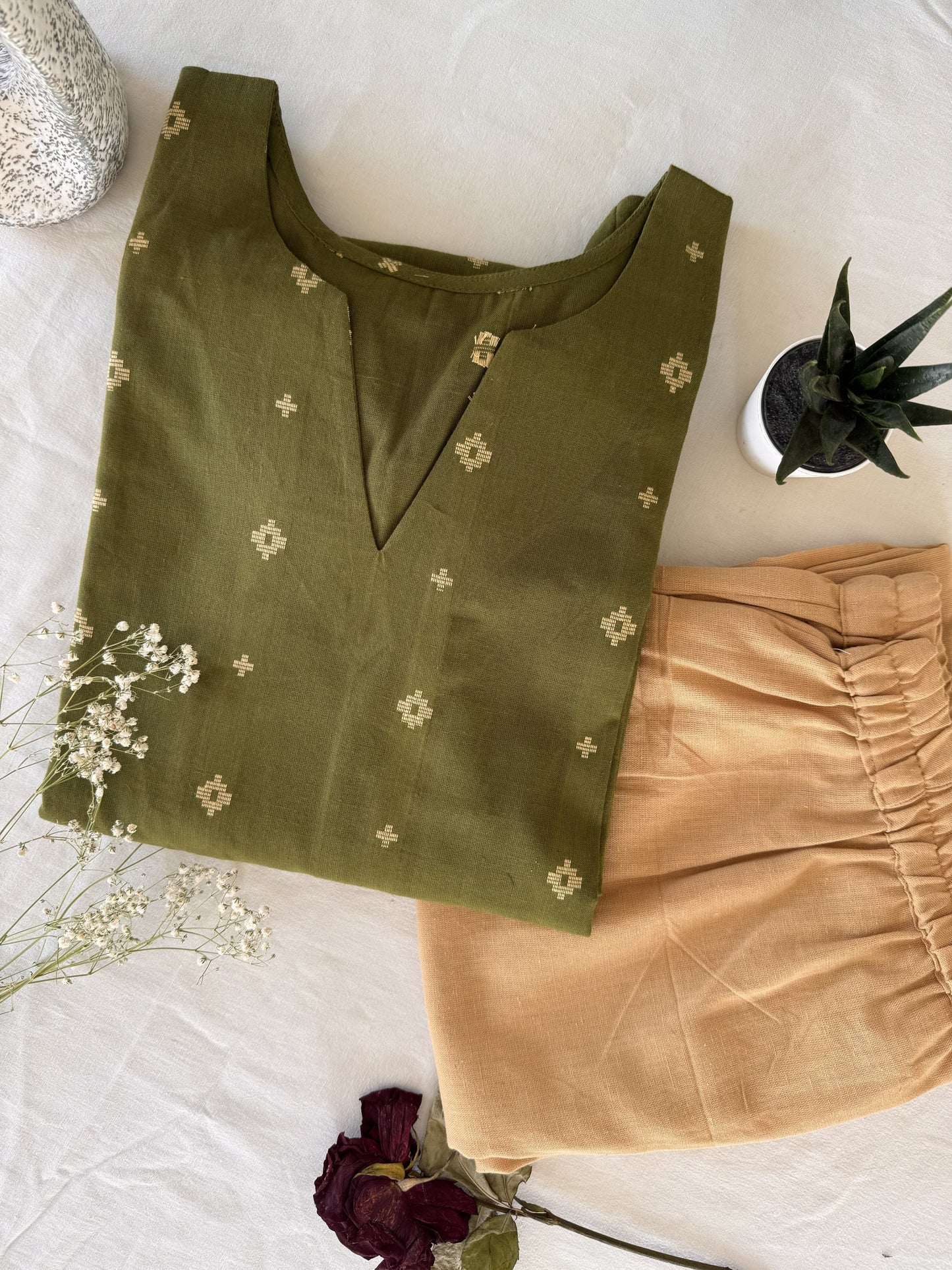 Olive Cross Kurta Set
