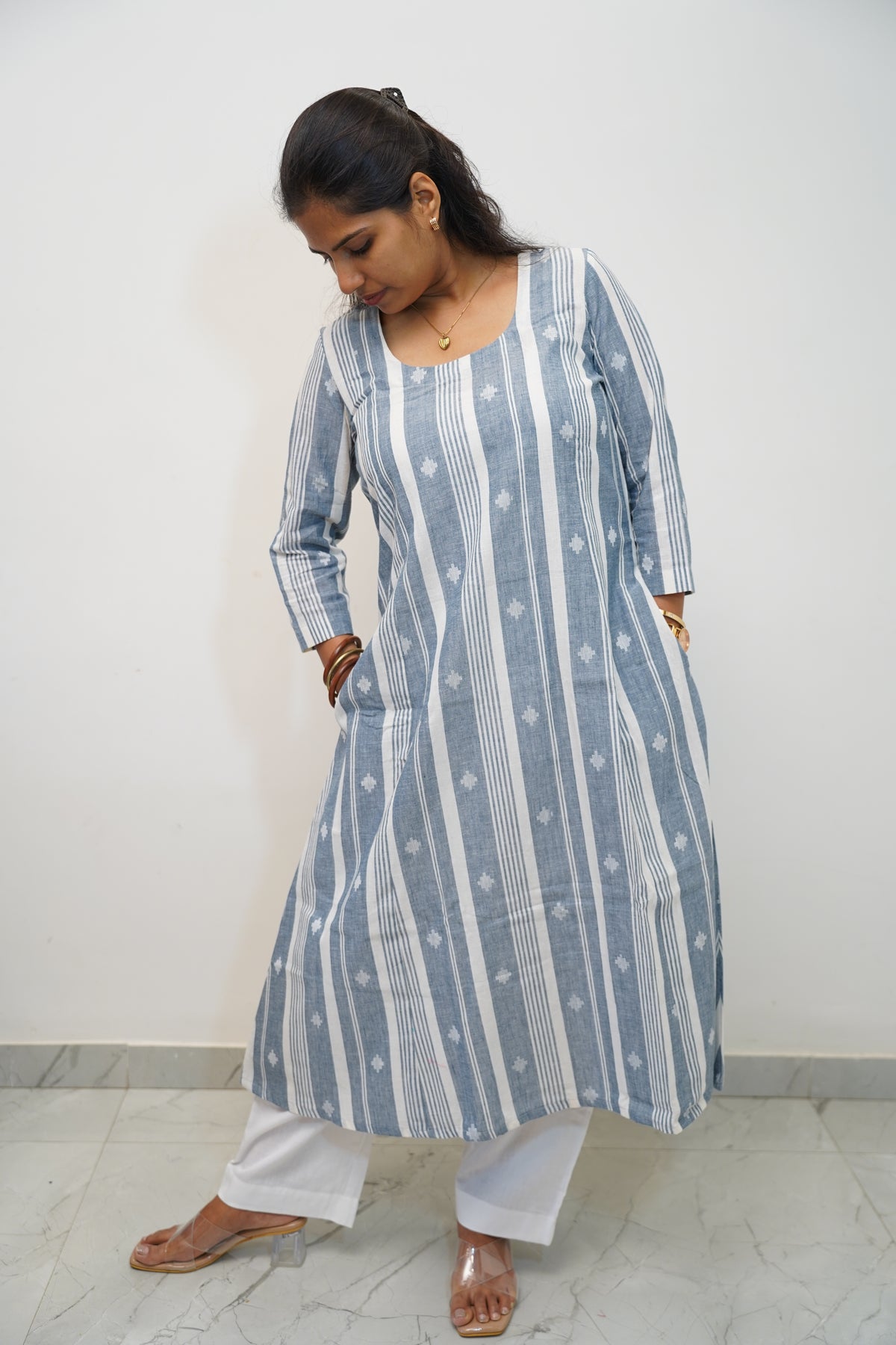 Powder Blue Stripe Buti Kurta Set