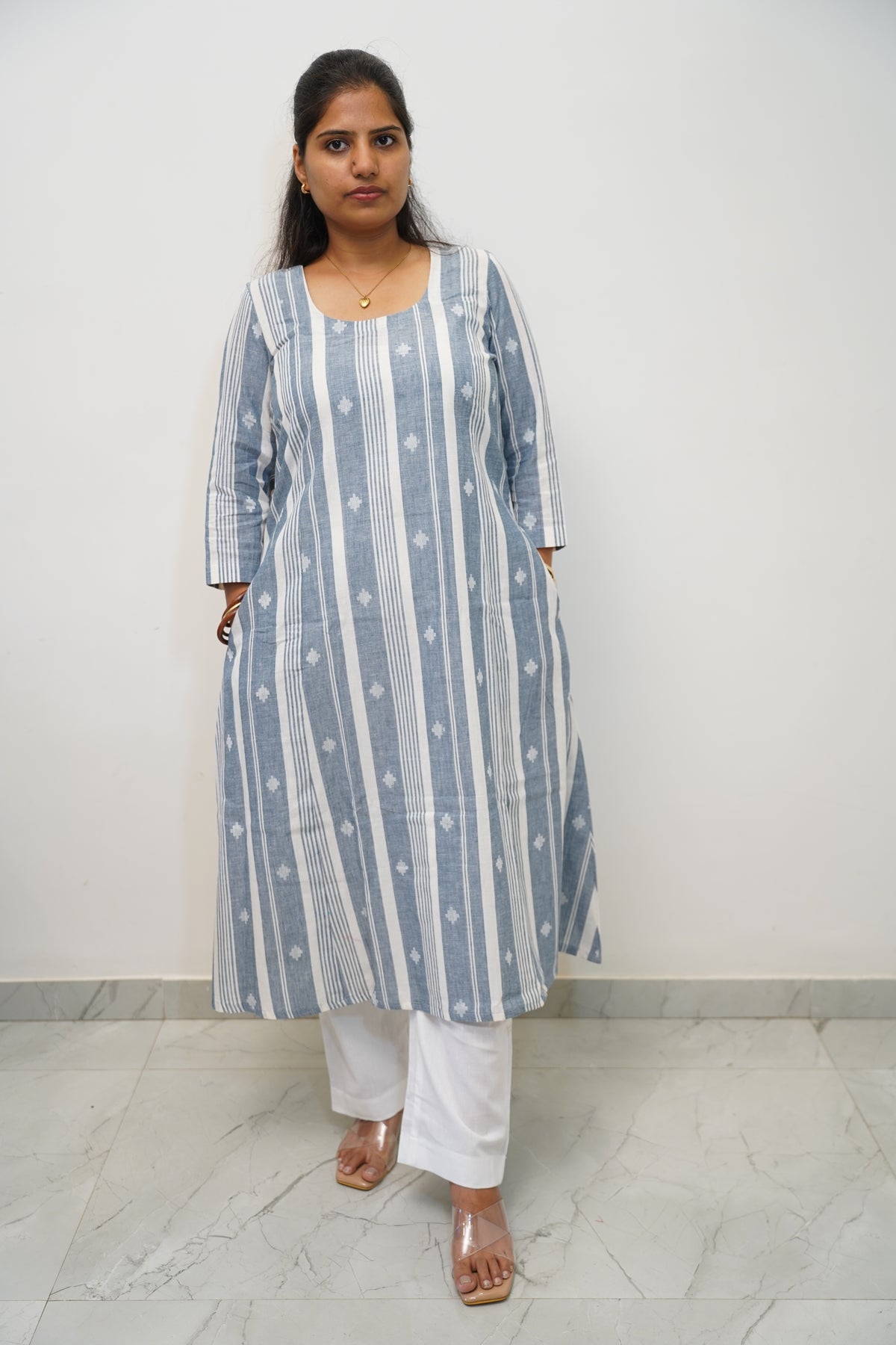 Powder Blue Stripe Buti Kurta Set