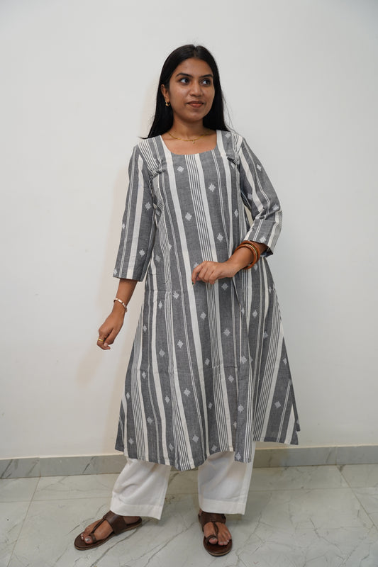 Grey Stripe Buti Kurta Set