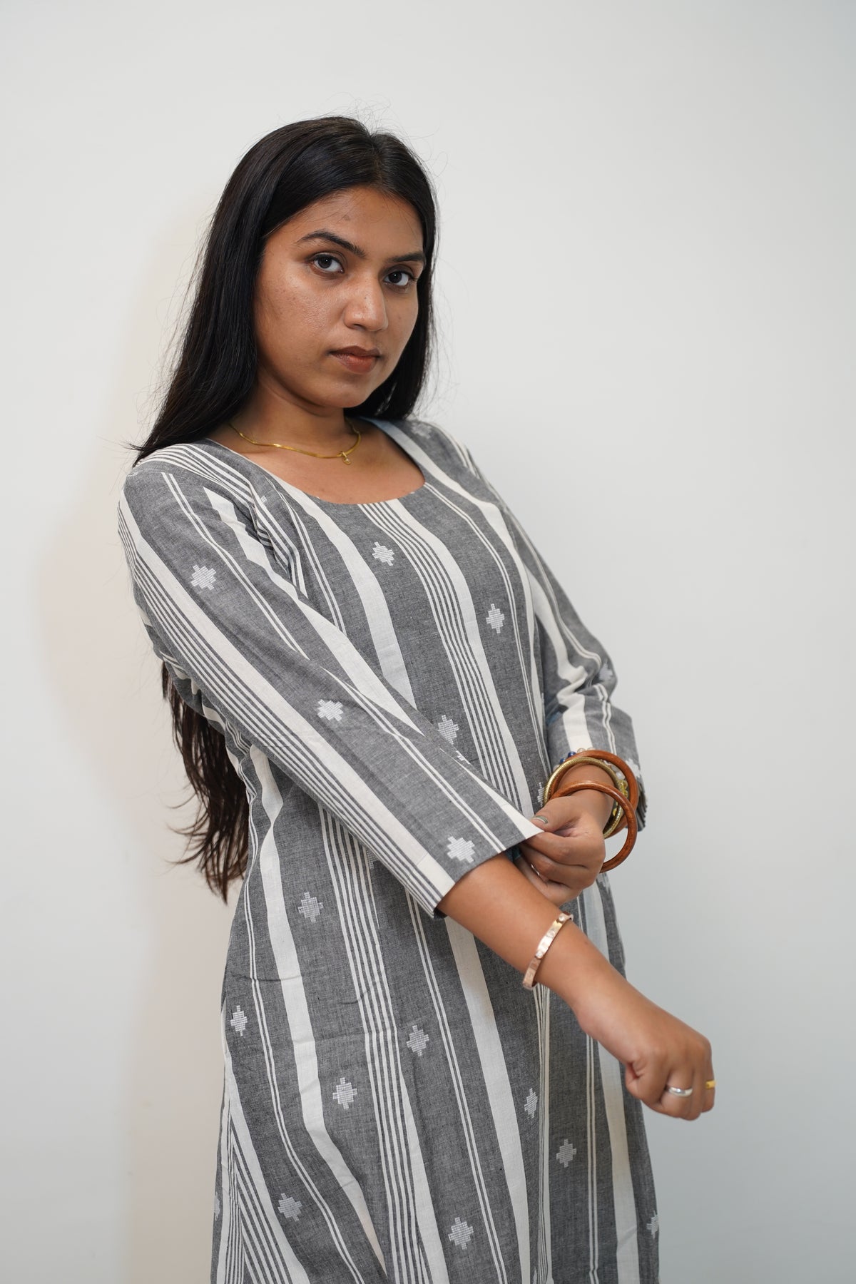 Grey Stripe Buti Kurta Set