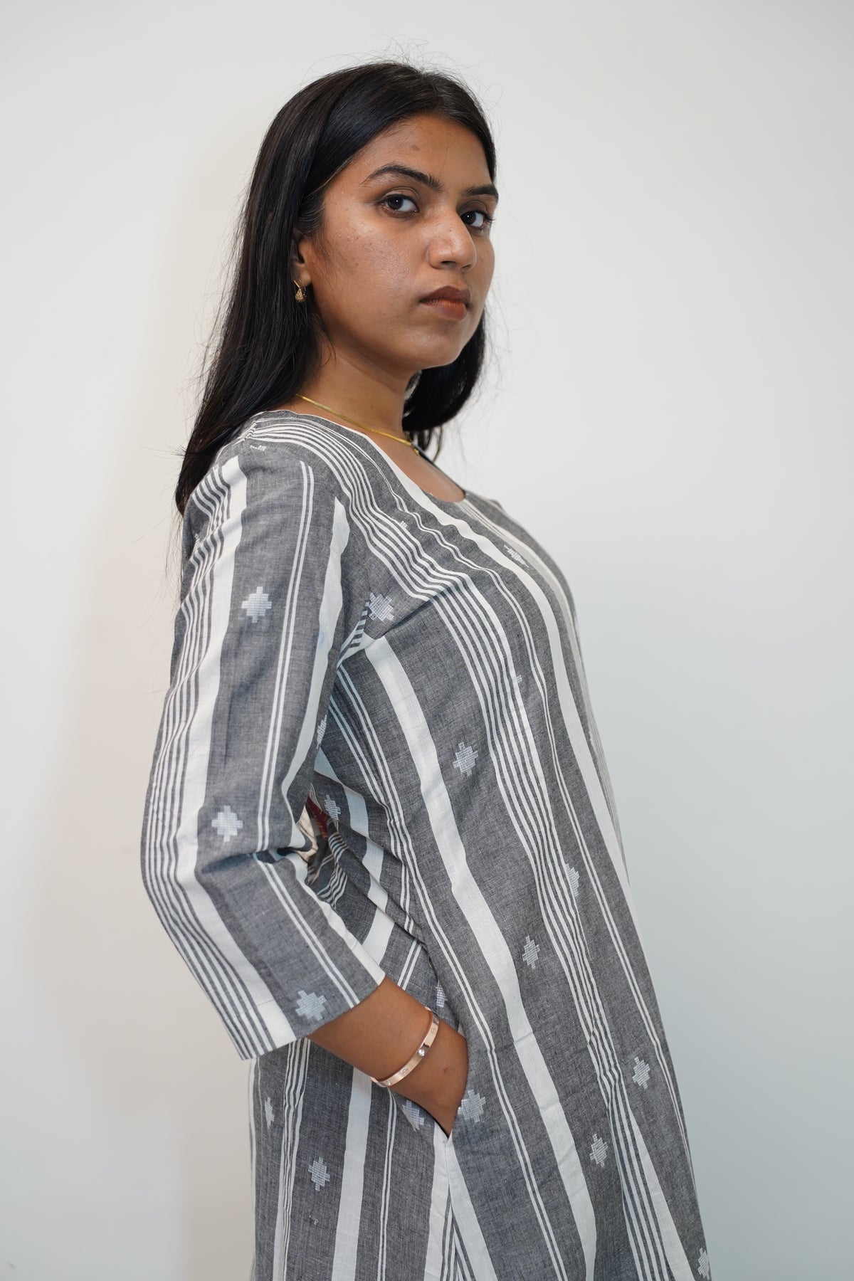 Grey Stripe Buti Kurta Set