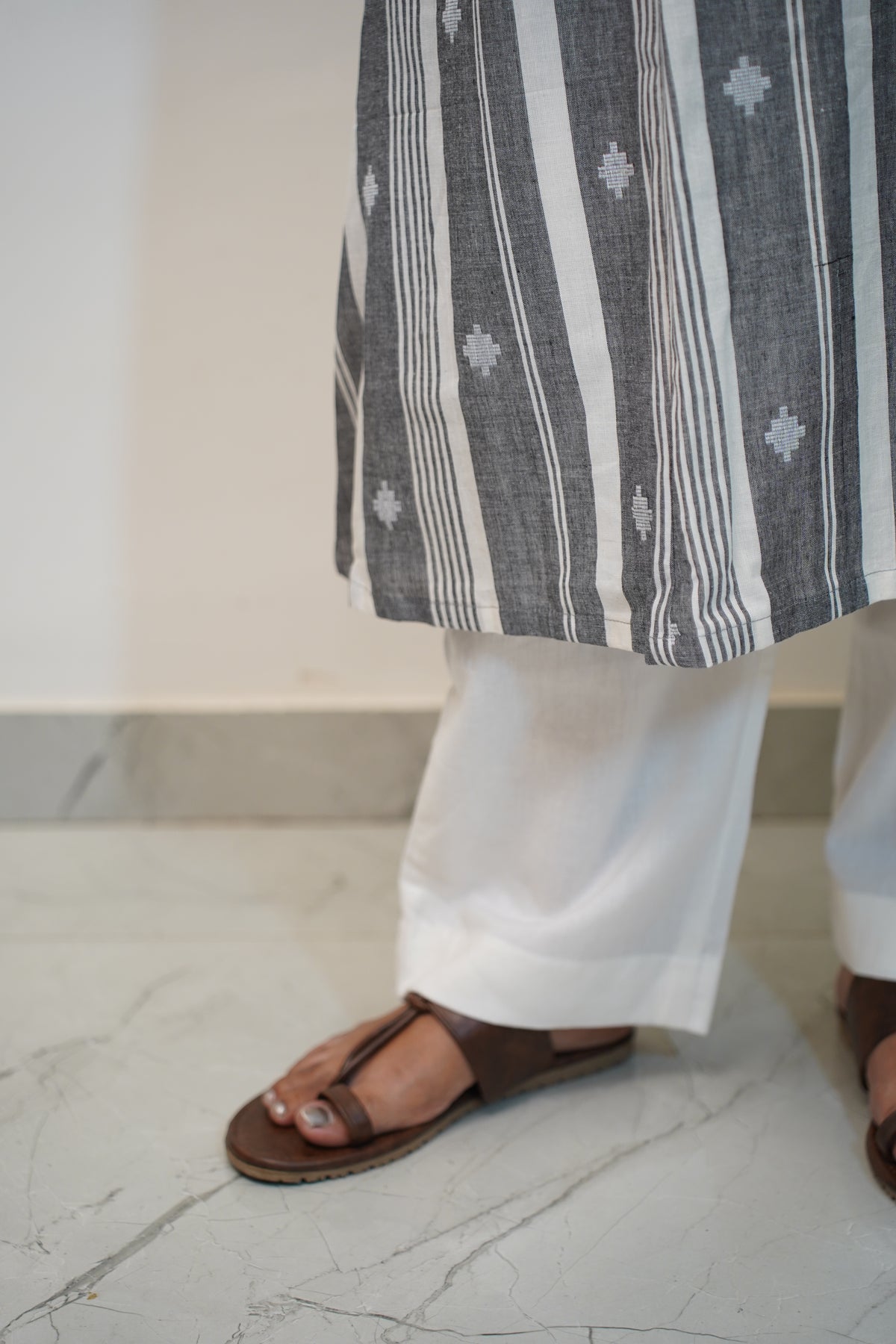Grey Stripe Buti Kurta Set