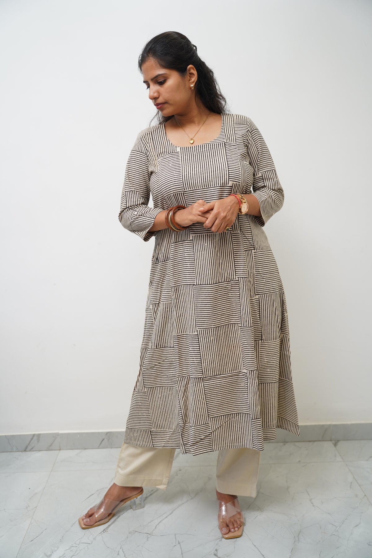 Black Grid Stripe Kurta Set