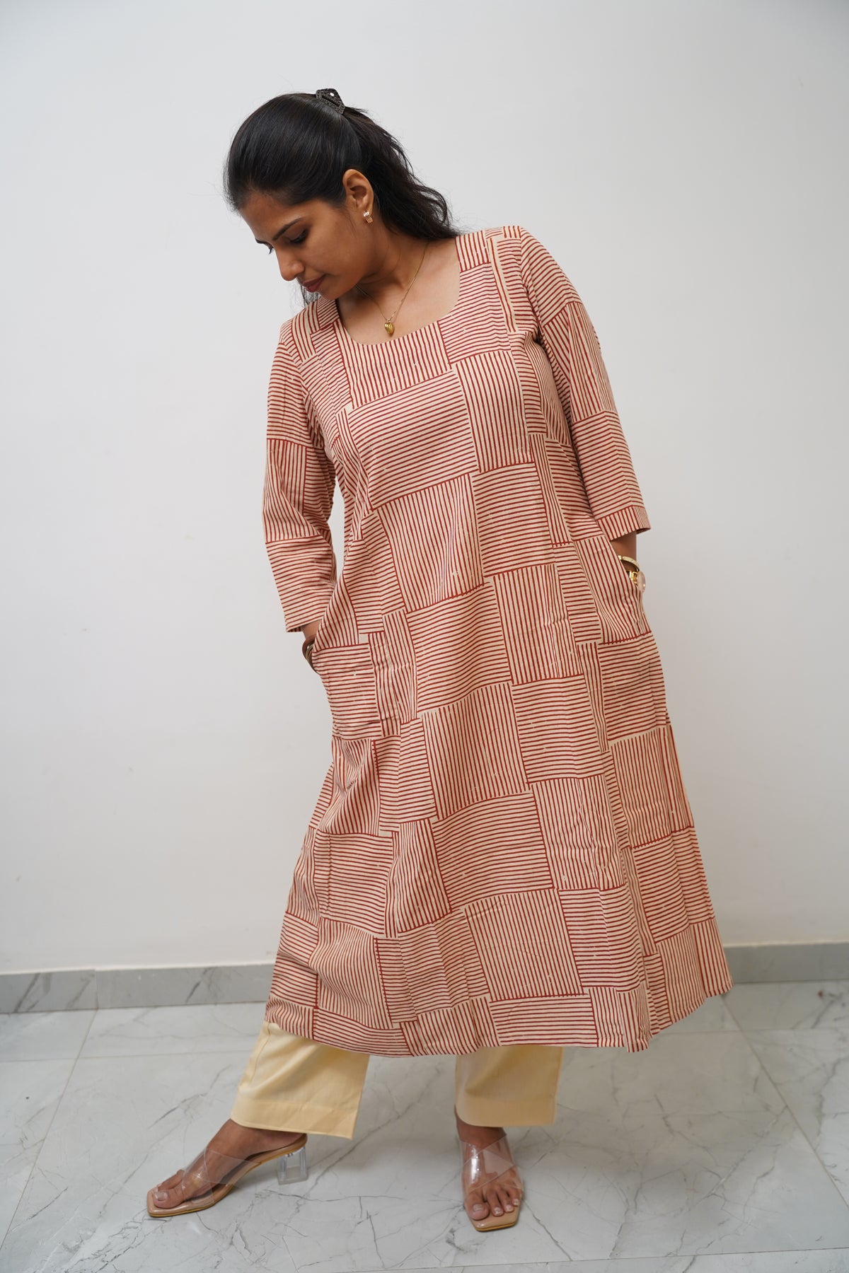 Red Grid Stripe Kurta Set