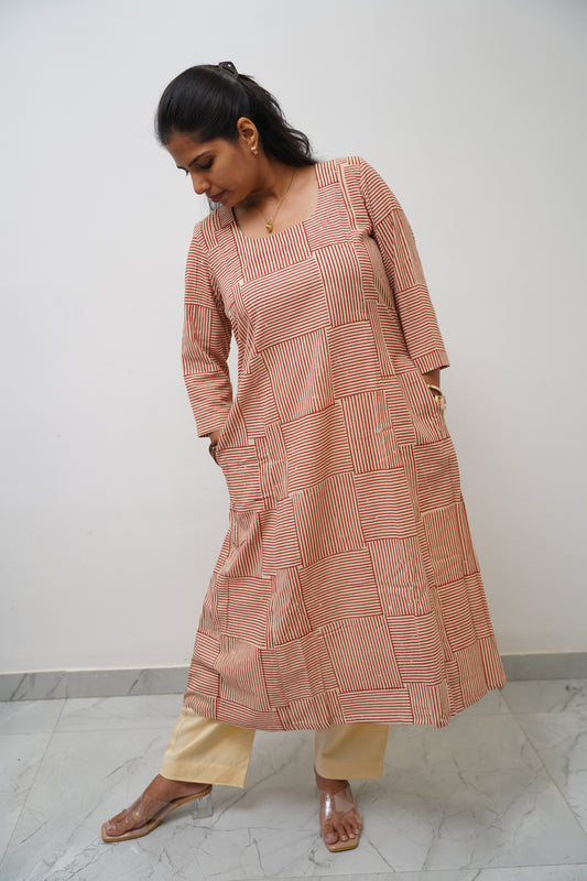 Red Grid Stripe Kurta Set