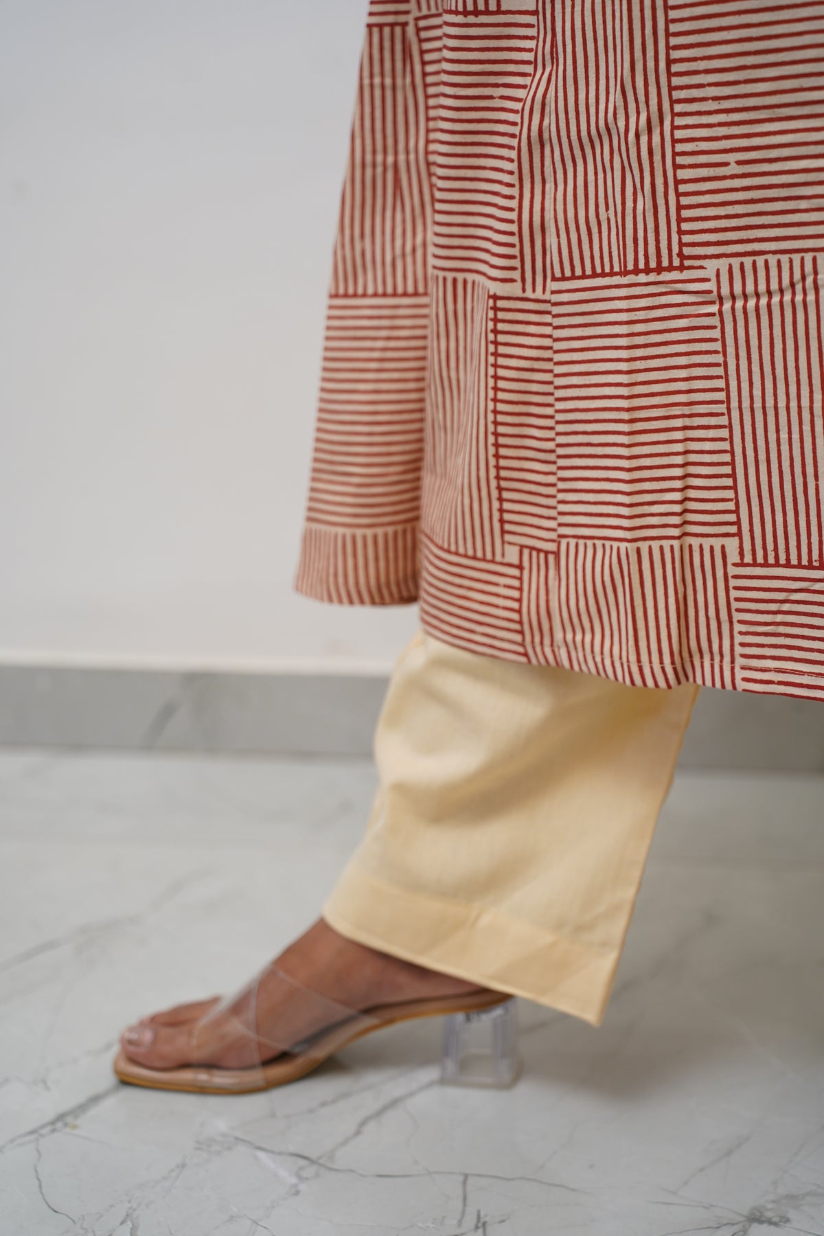 Red Grid Stripe Kurta Set
