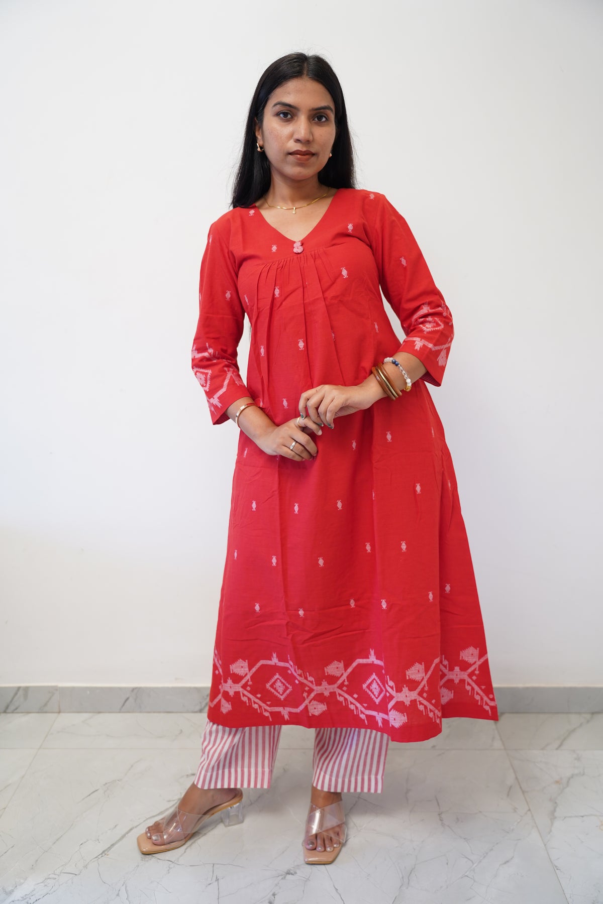 Cherry Red Border Kurta Set