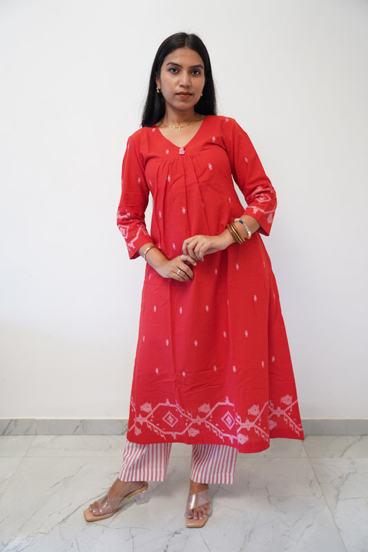 Cherry Red Border Kurta Set