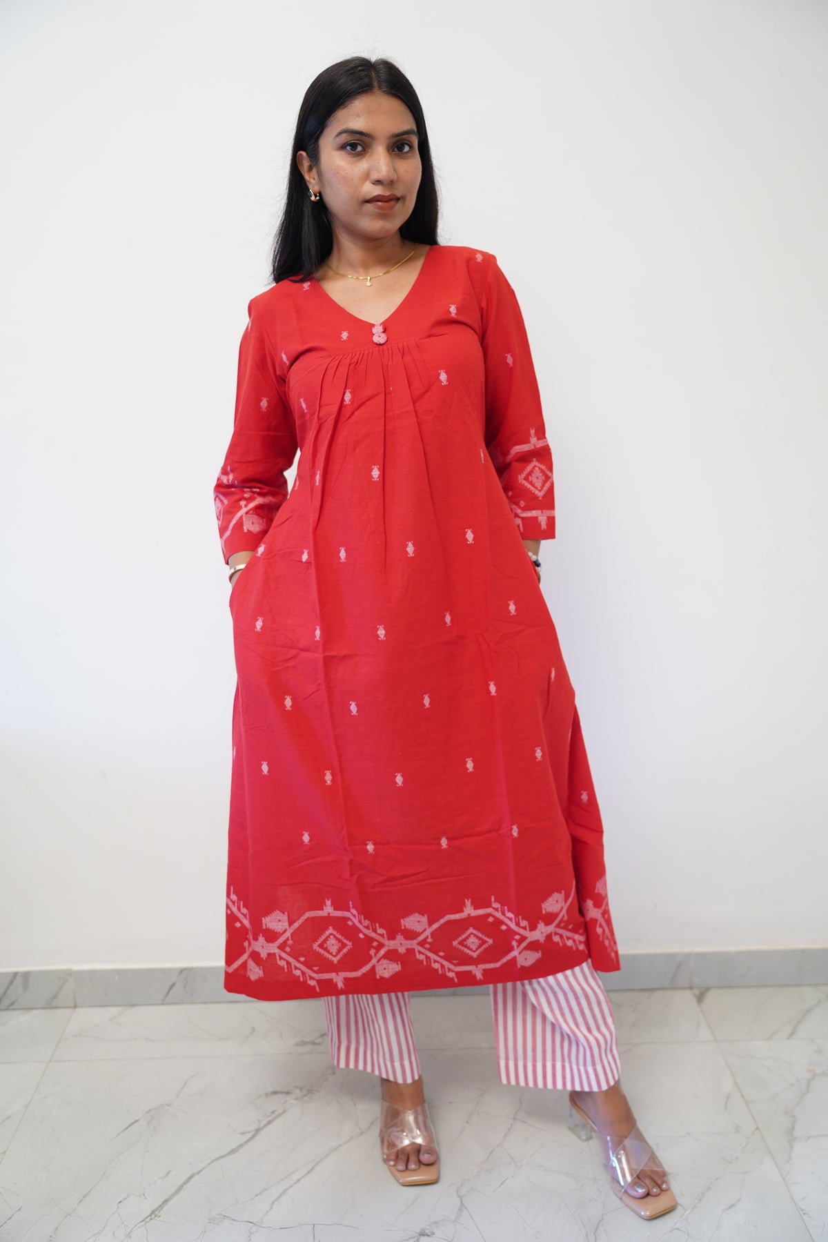 Cherry Red Border Kurta Set