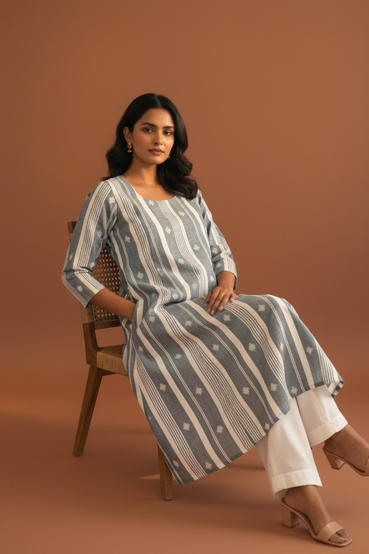 Powder Blue Stripe Buti Kurta Set