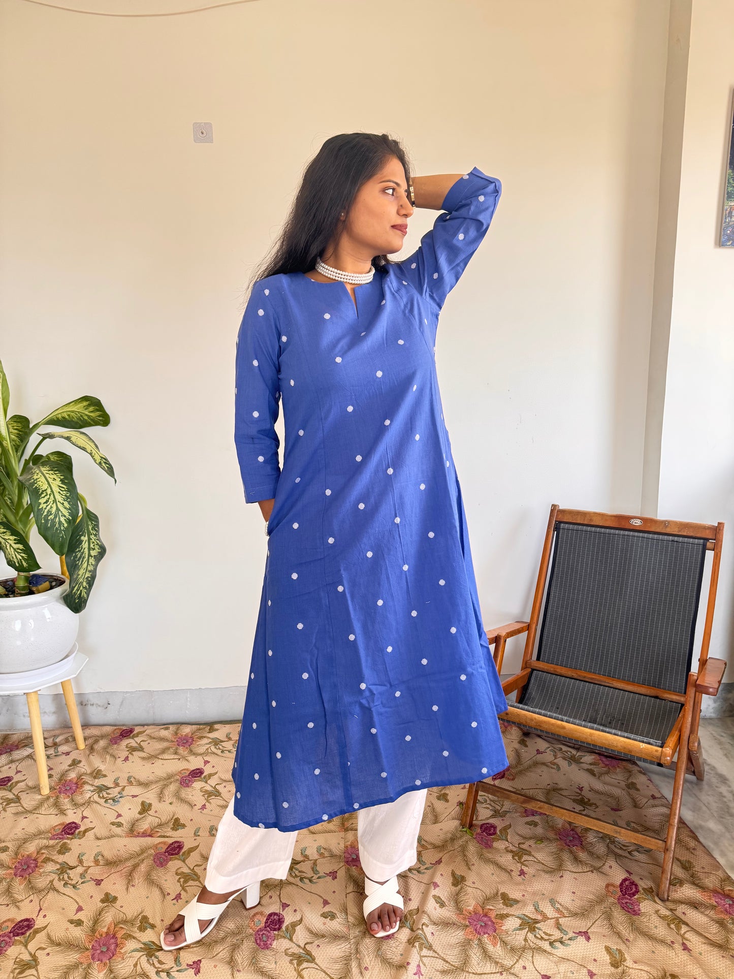 Royal Blue Polka Kurta Set