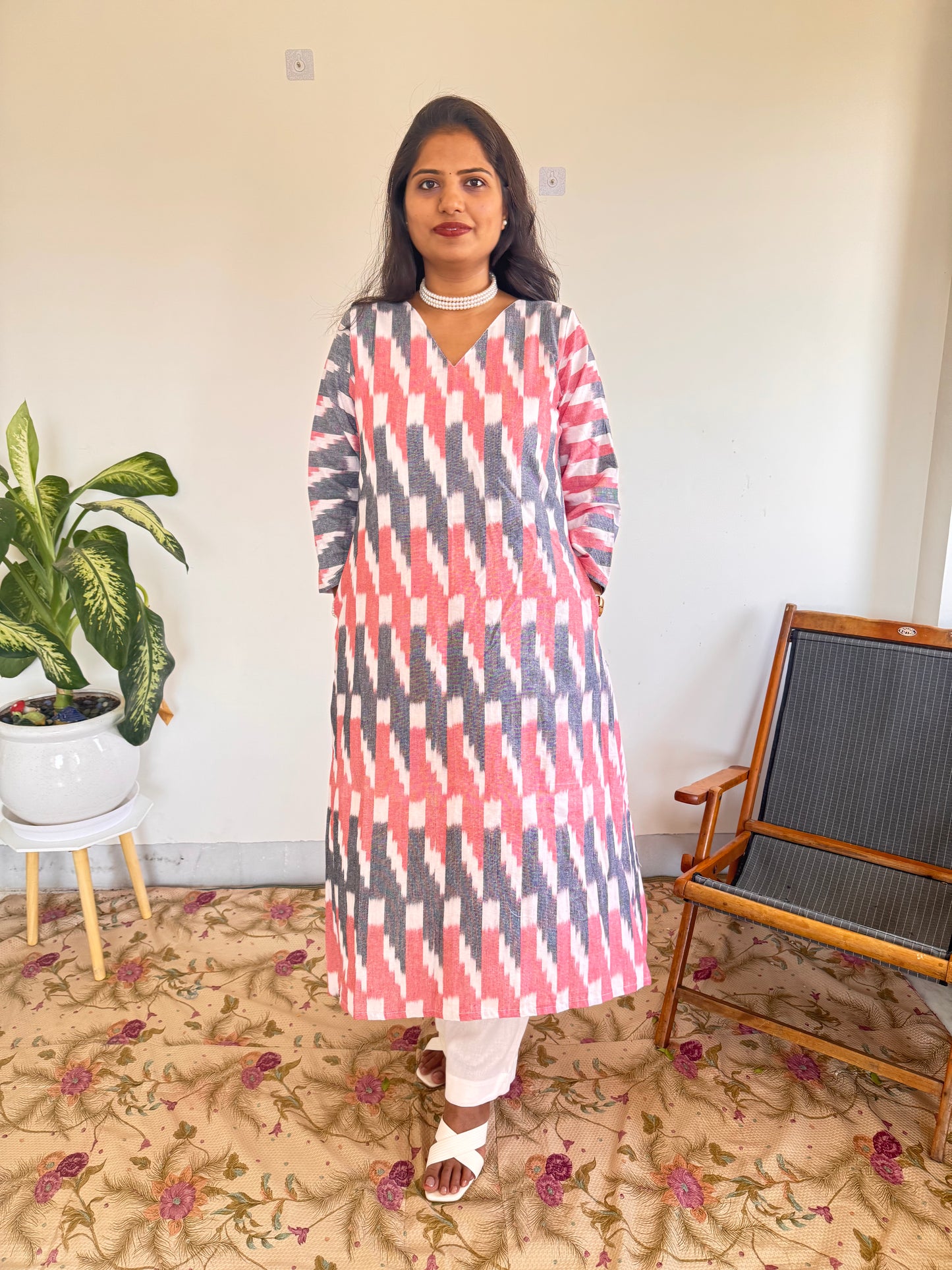 Pink & Grey Ikkat Kurta Set