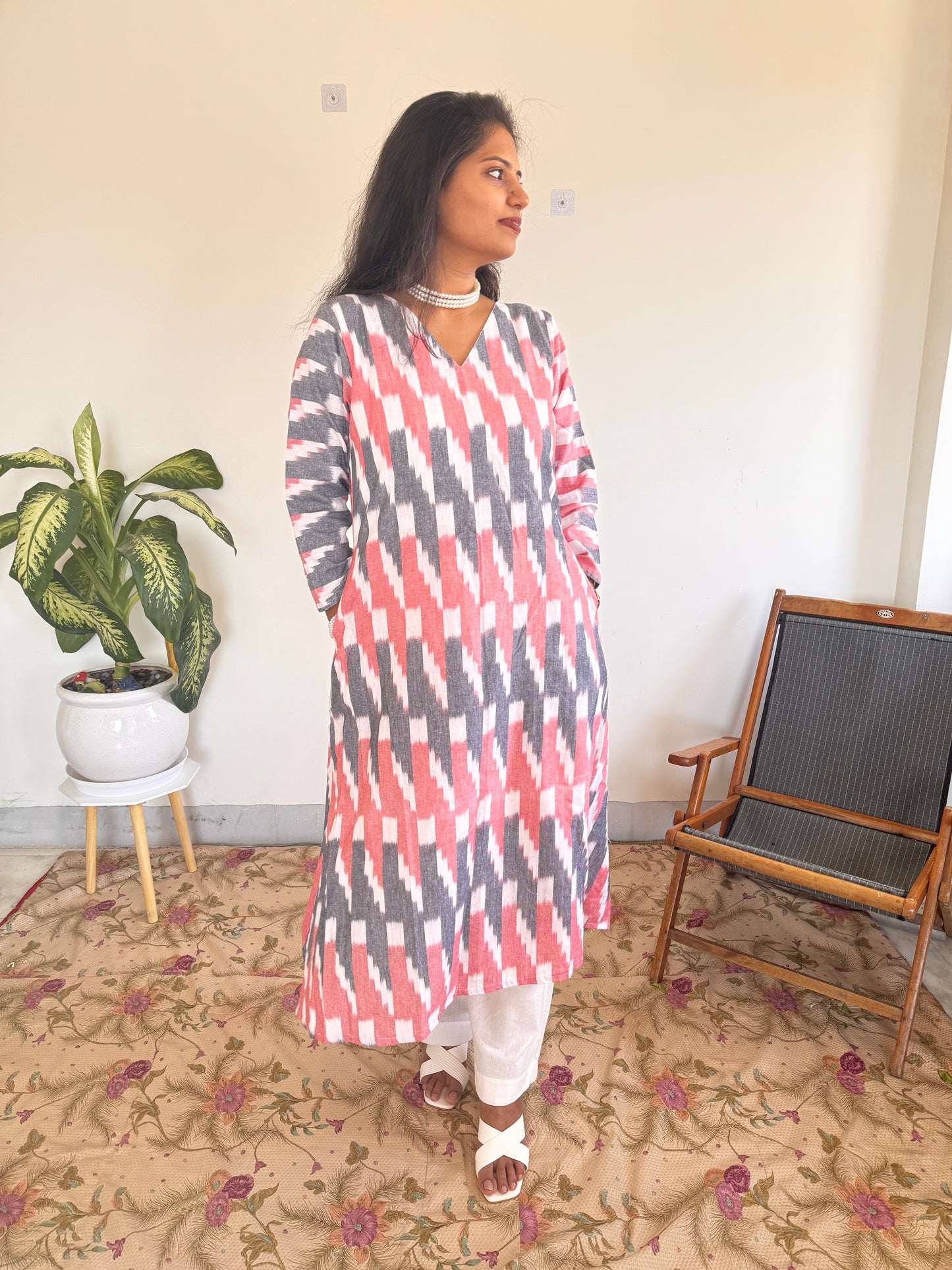 Pink & Grey Ikkat Kurta Set