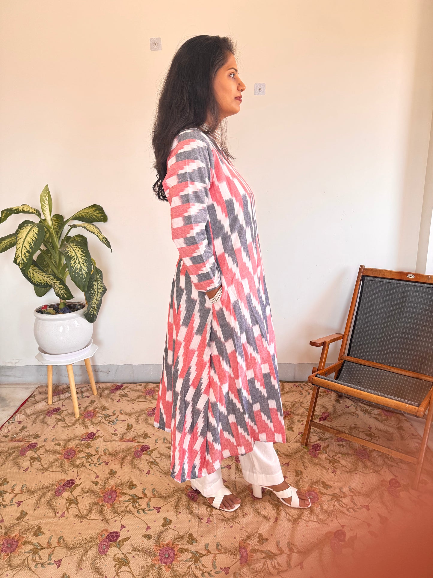 Pink & Grey Ikkat Kurta Set