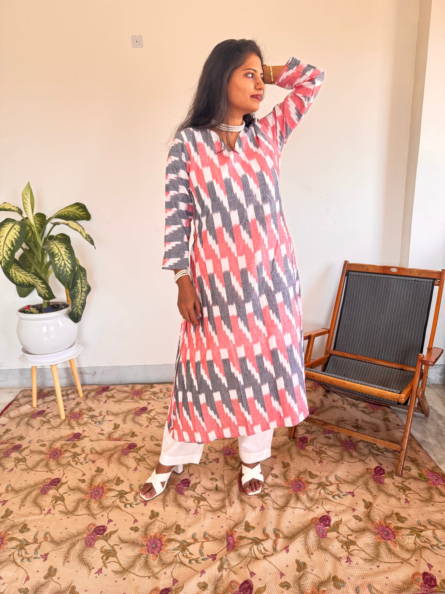 Pink & Grey Ikkat Kurta Set