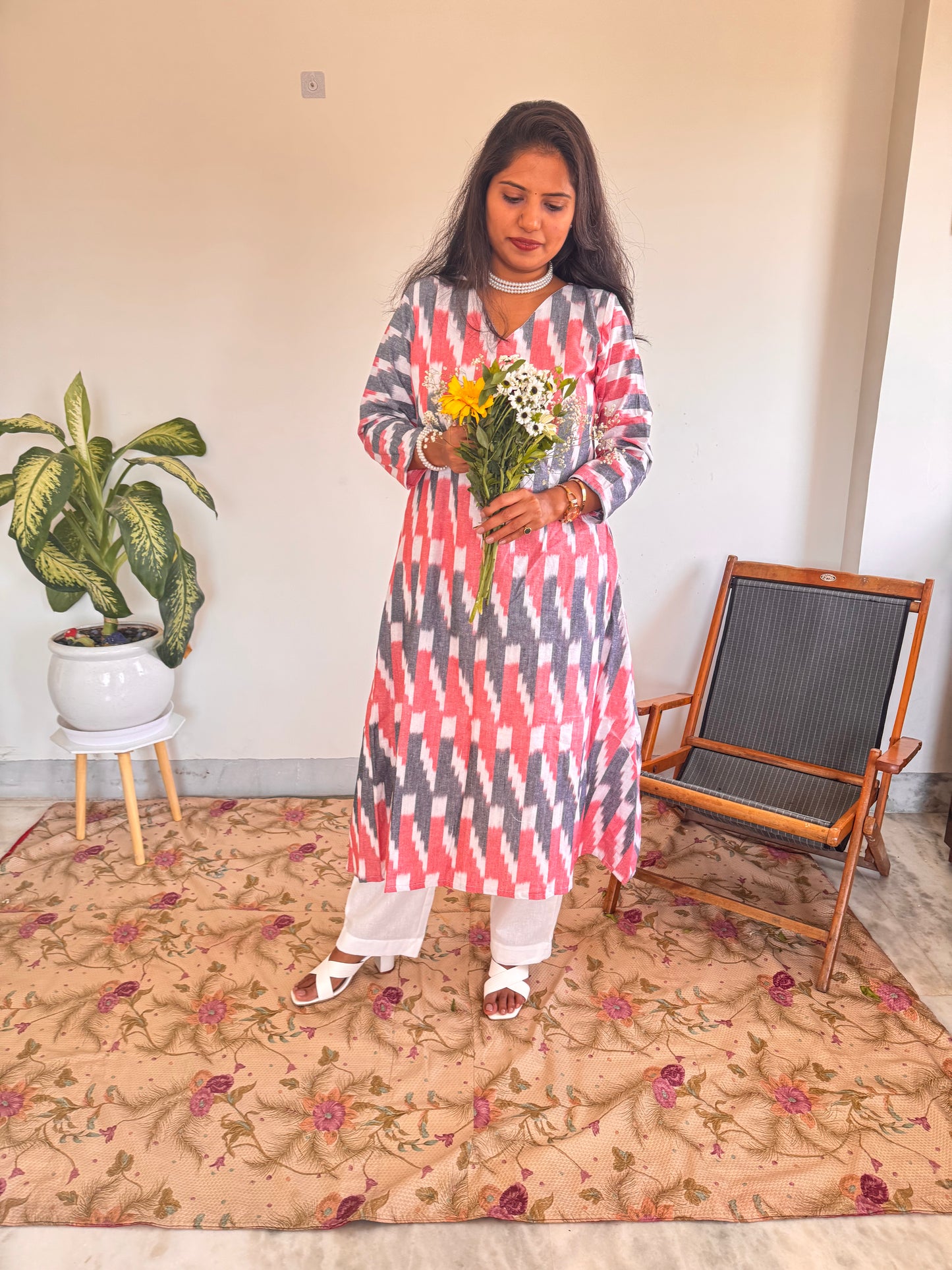 Pink & Grey Ikkat Kurta Set