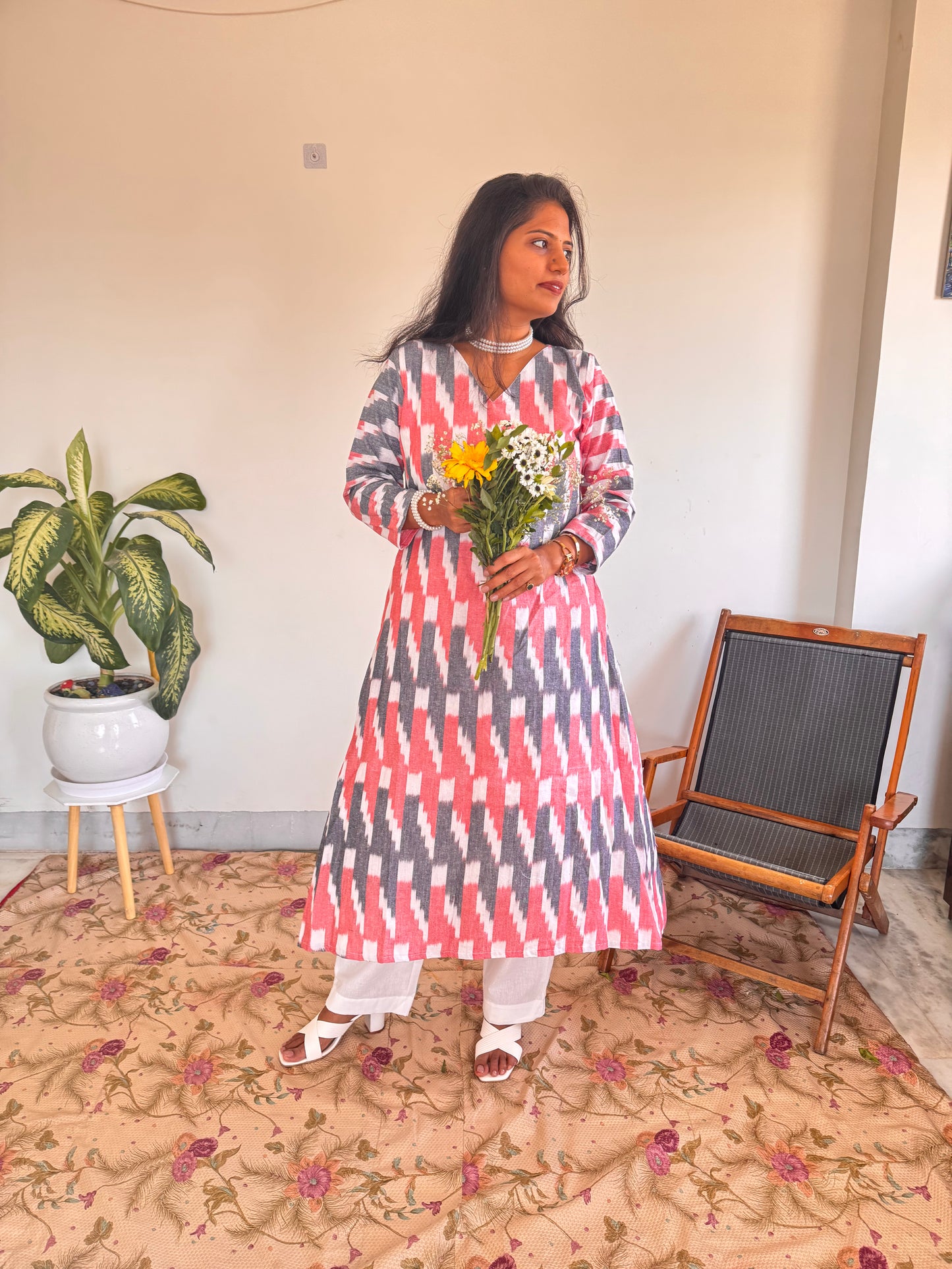 Pink & Grey Ikkat Kurta Set