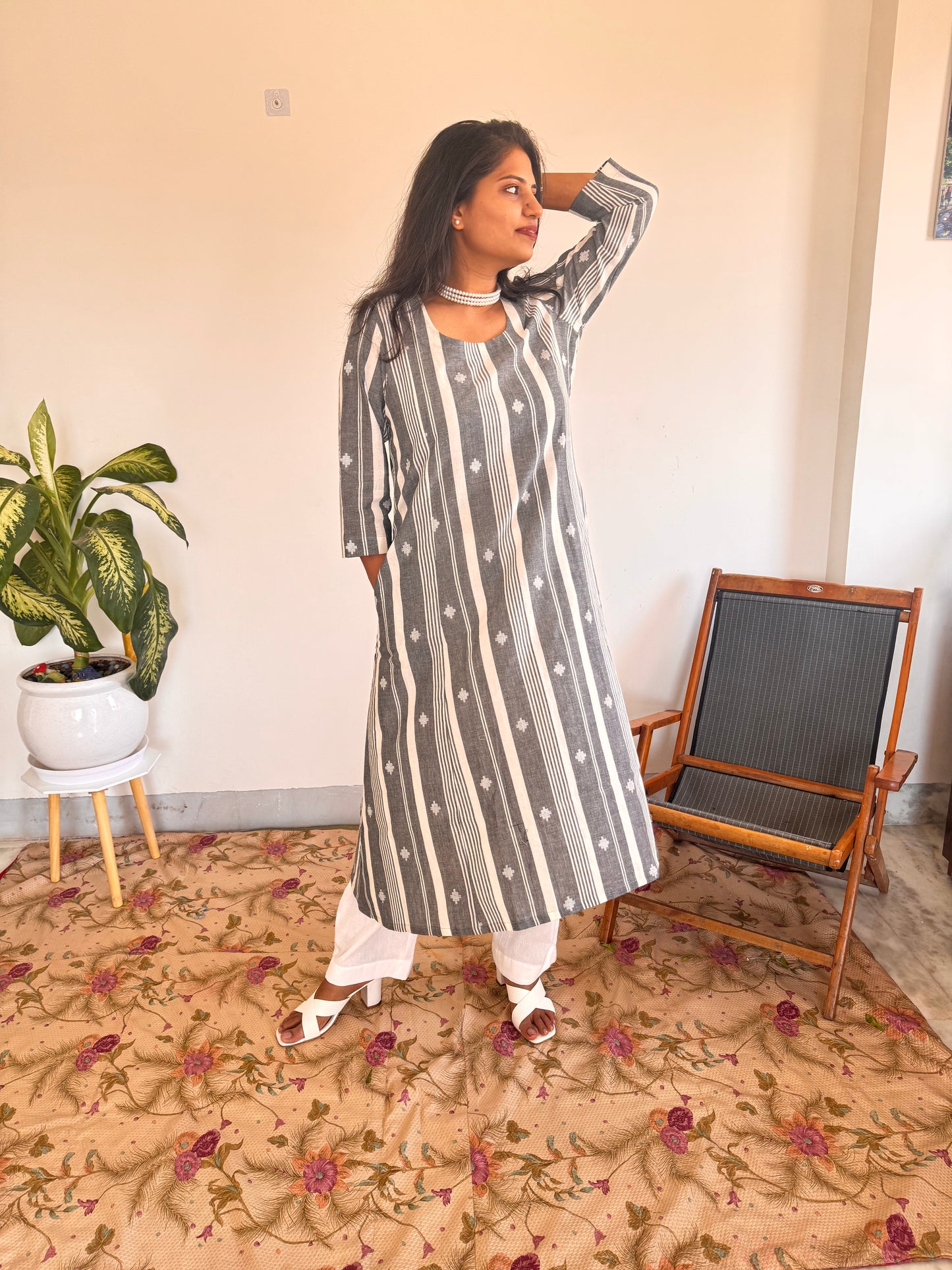 Grey Stripe Buti Kurta