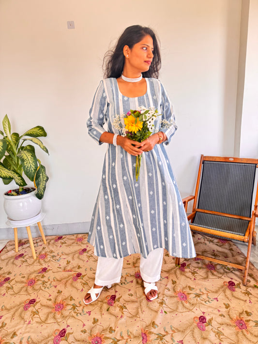 Powder Blue Stripe Buti Kurta Set