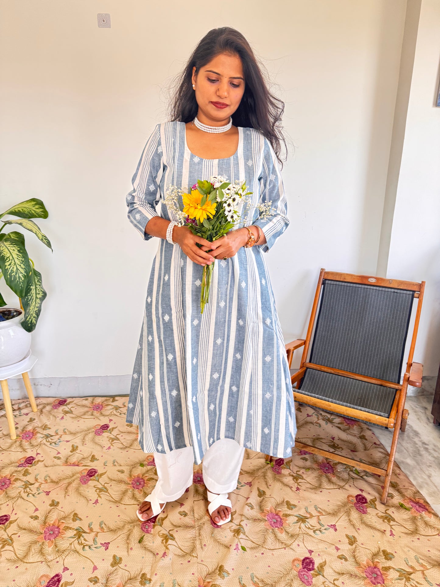Powder Blue Stripe Buti Kurta Set