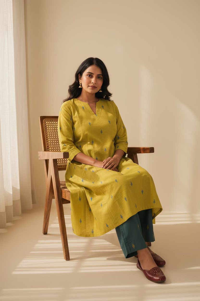 Mustard Green Buti Kurta Set