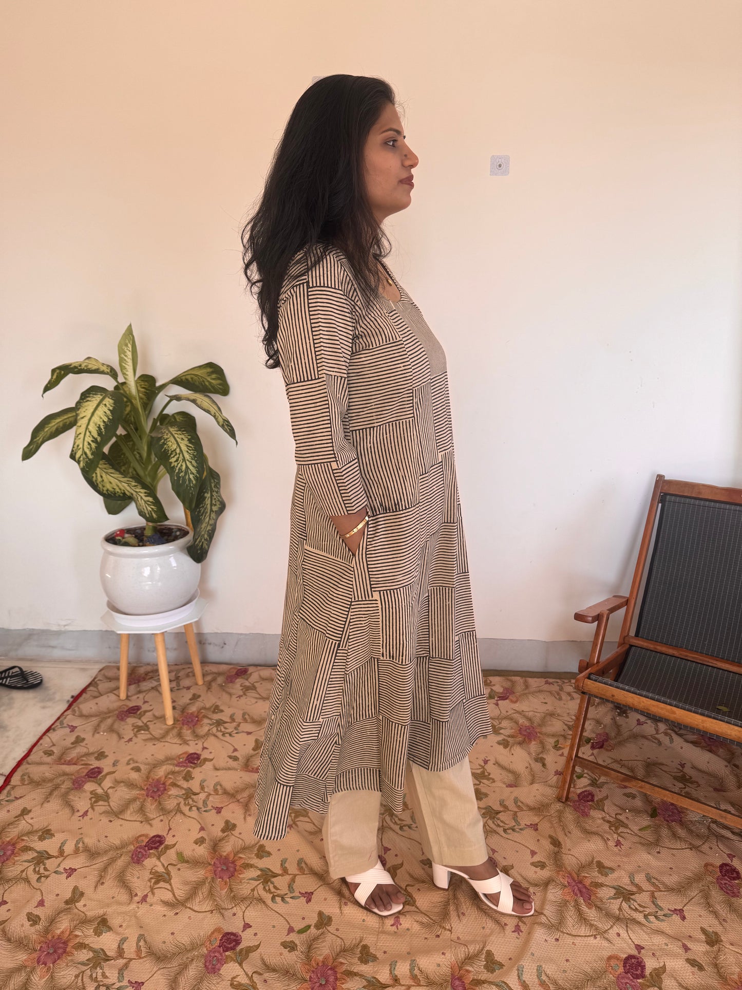 Black Grid Stripe Kurta