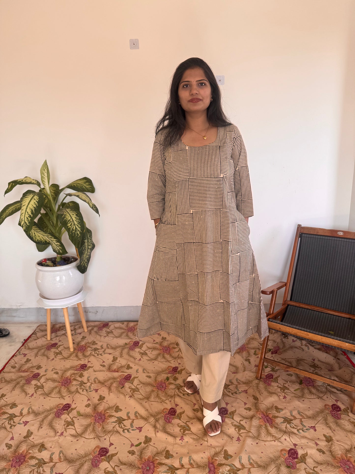 Black Grid Stripe Kurta