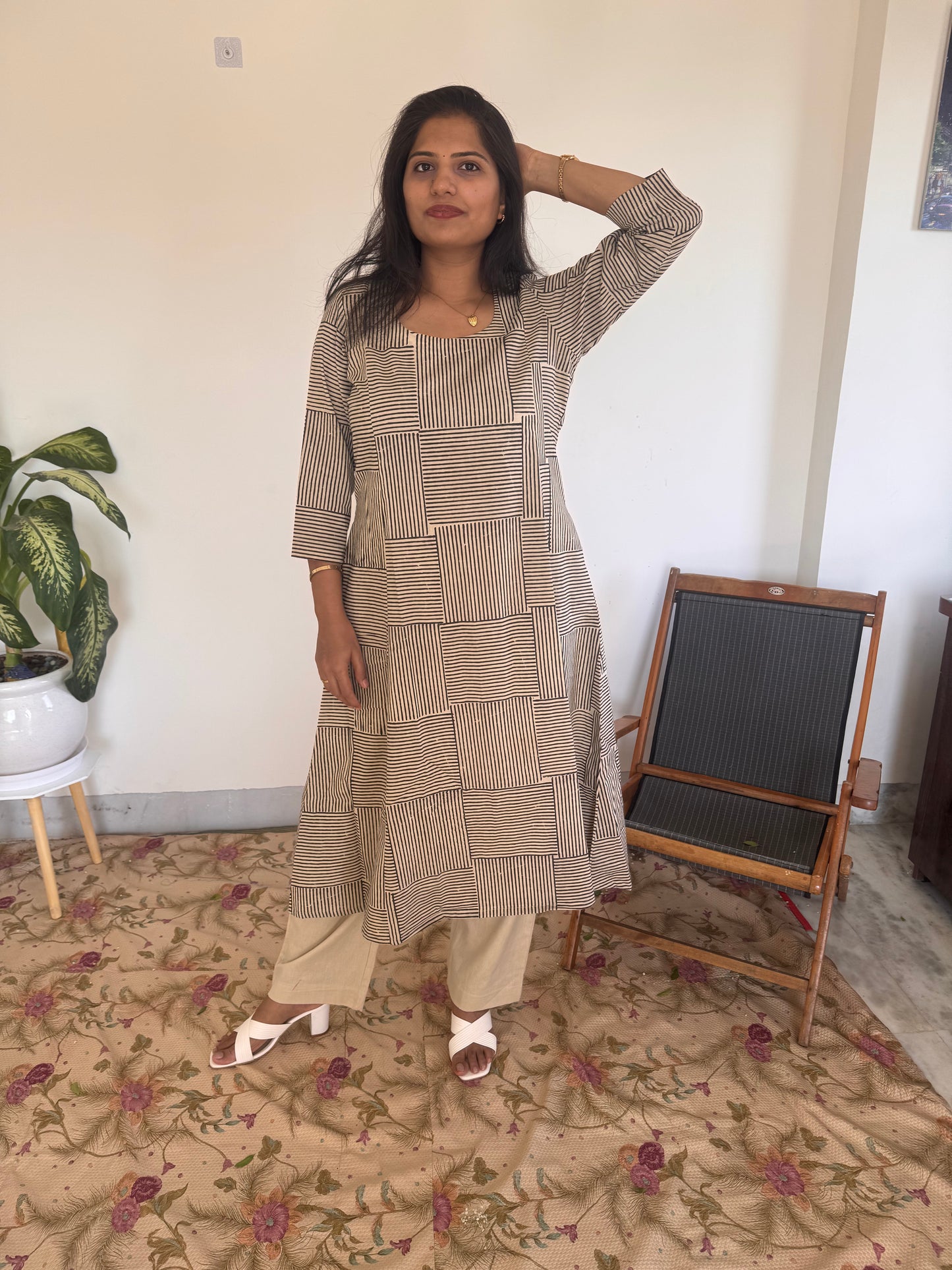 Black Grid Stripe Kurta