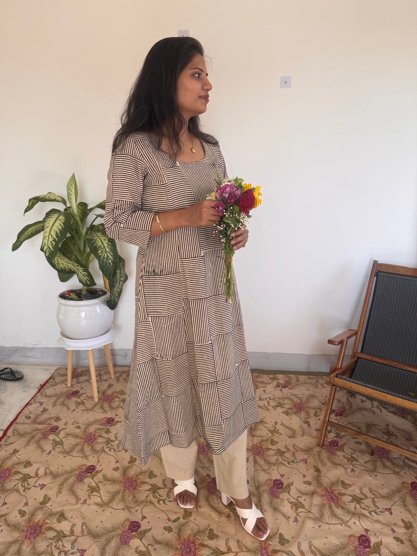 Black Grid Stripe Kurta