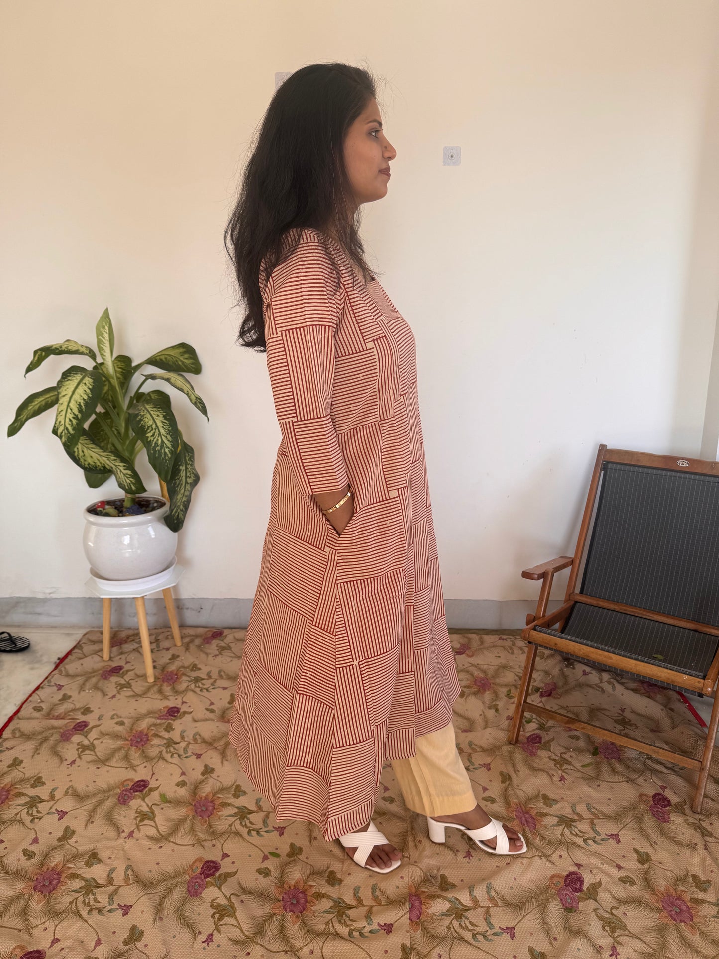 Red Grid Stripe Kurta Set