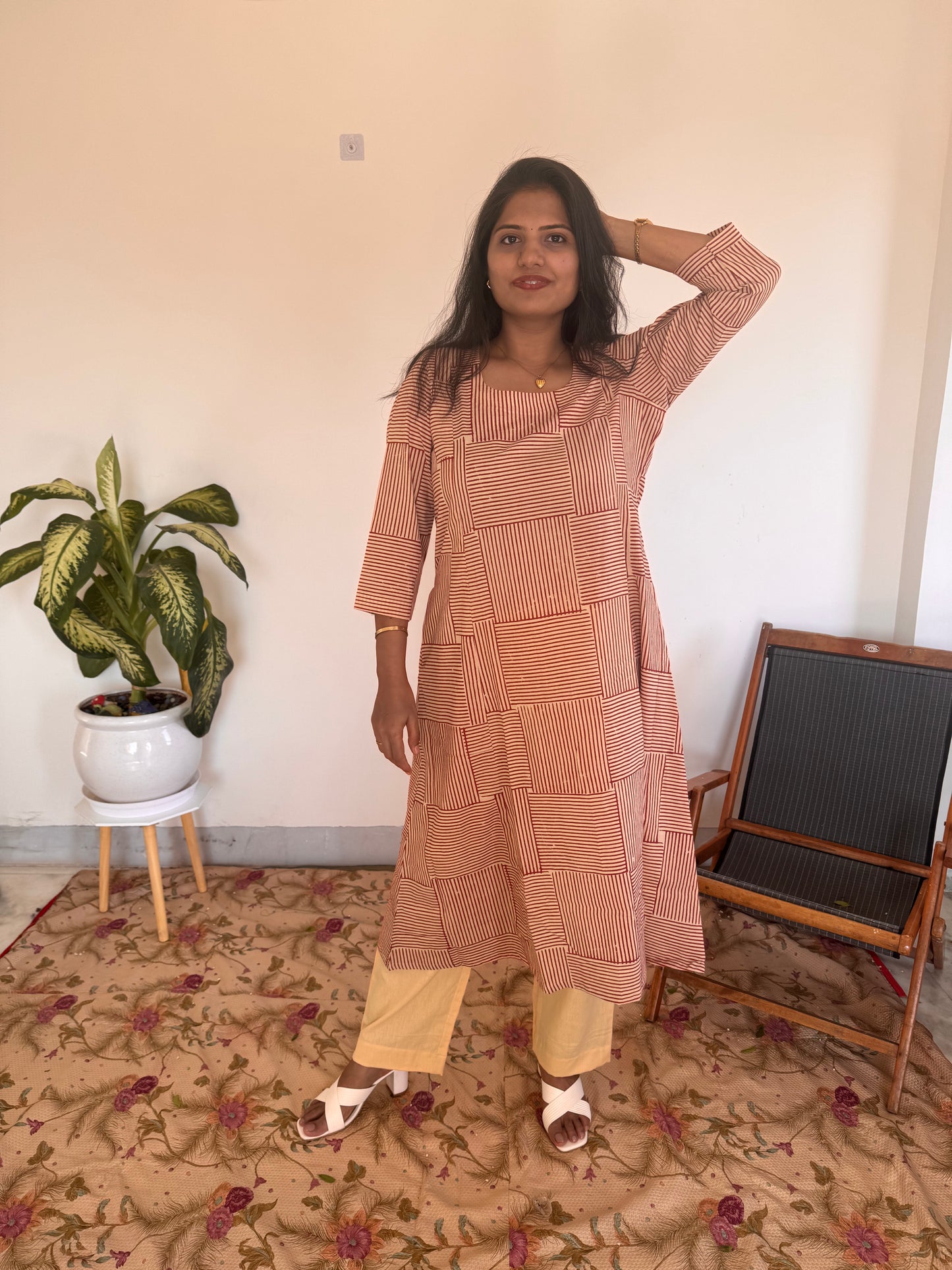 Red Grid Stripe Kurta Set