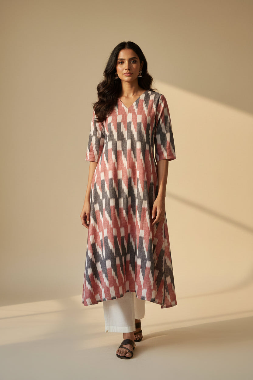 Pink & Grey Ikkat Kurta Set