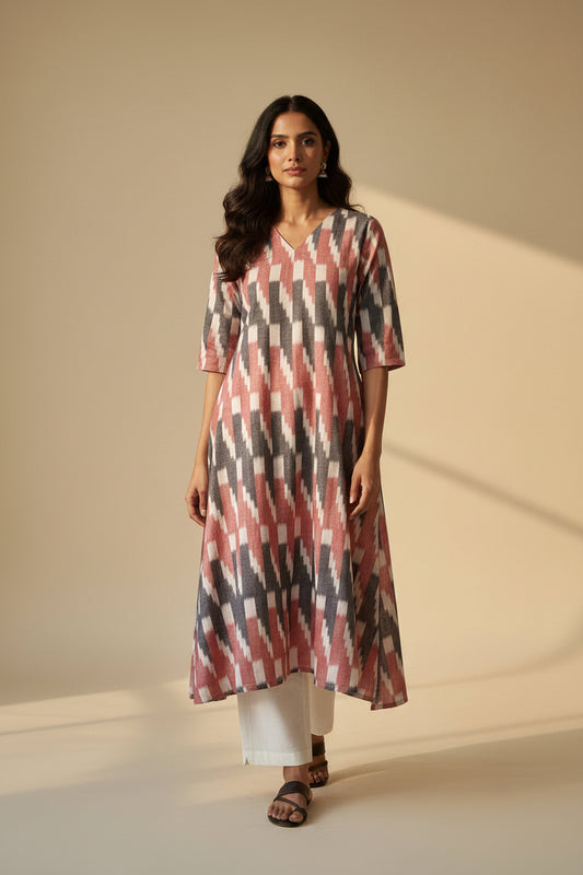 Pink & Grey Ikkat Kurta Set