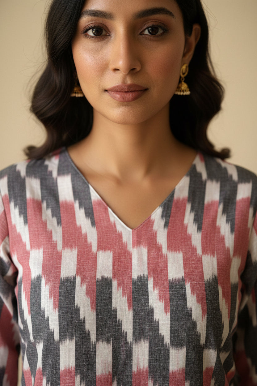 Pink & Grey Ikkat Kurta Set