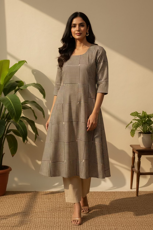 Black Grid Stripe Kurta Set