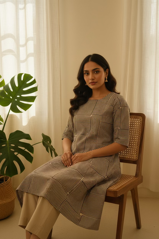 Black Grid Stripe Kurta