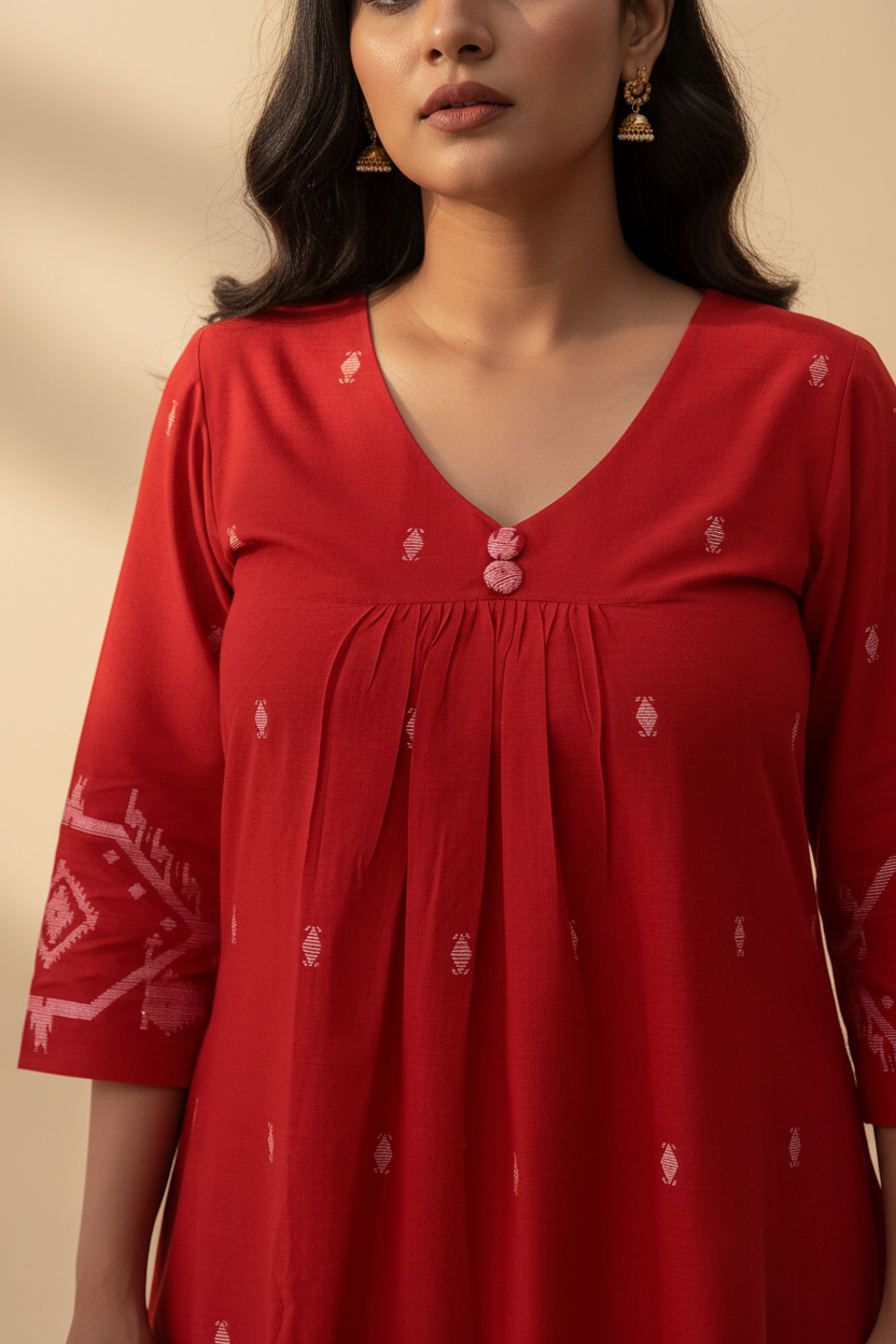 Cherry Red Border Kurta Set