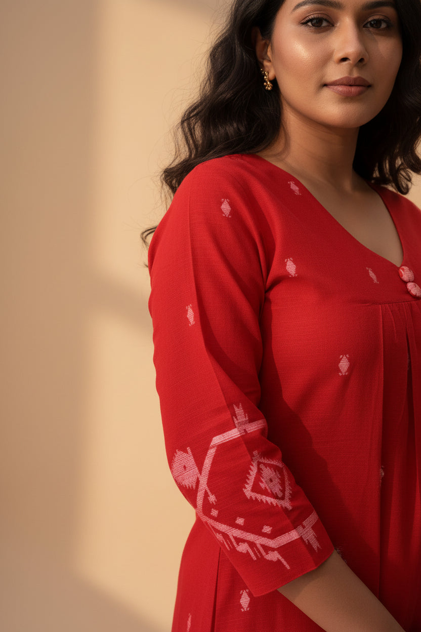 Cherry Red Border Kurta Set