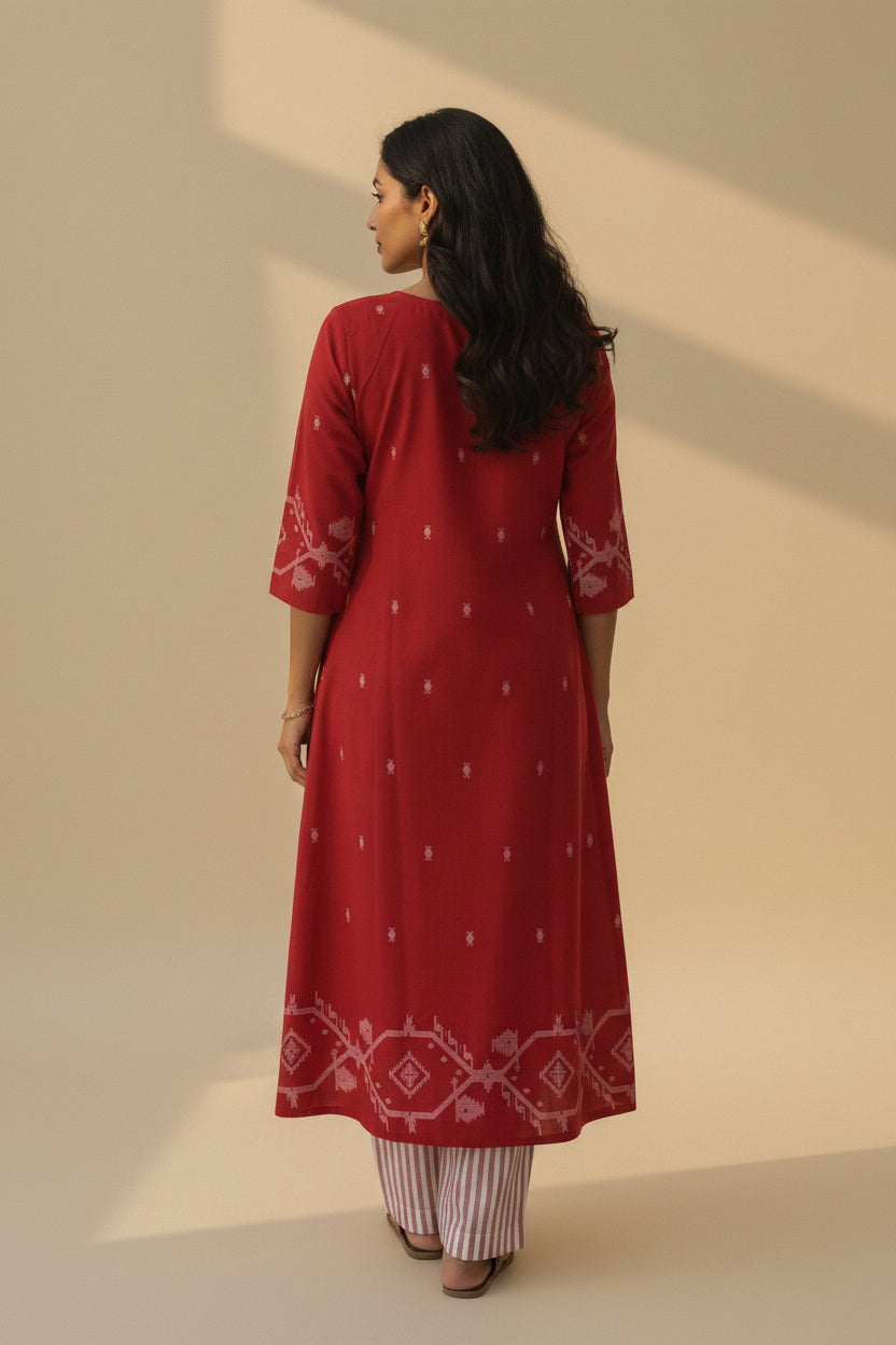 Cherry Red Border Kurta Set