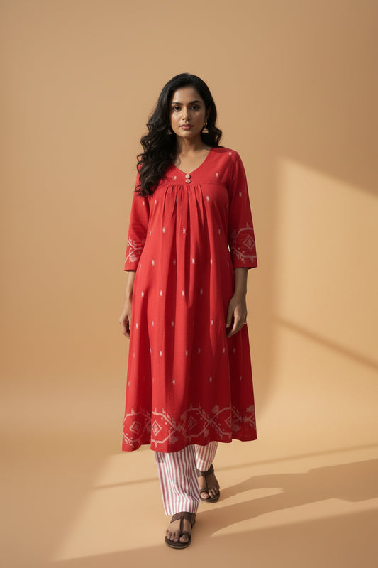 Cherry Red Border Kurta Set